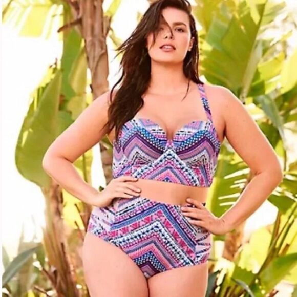 Torrid Pink MULTICOLOR CHEVRON PUSH-UP Mesh inset BIKINI BOTTOMS ONLY sz 4 - Picture 1 of 10